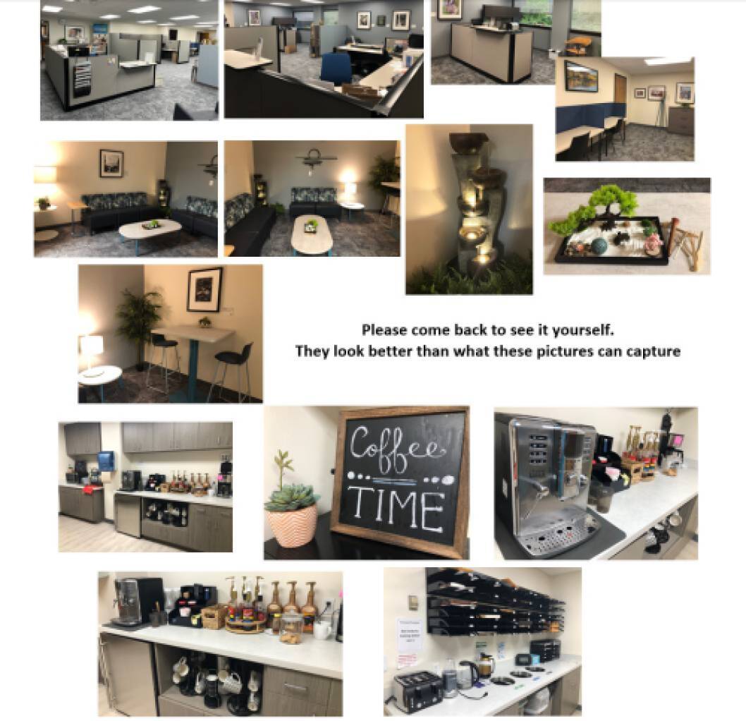 Photo collage of the renovated psychology office and break room